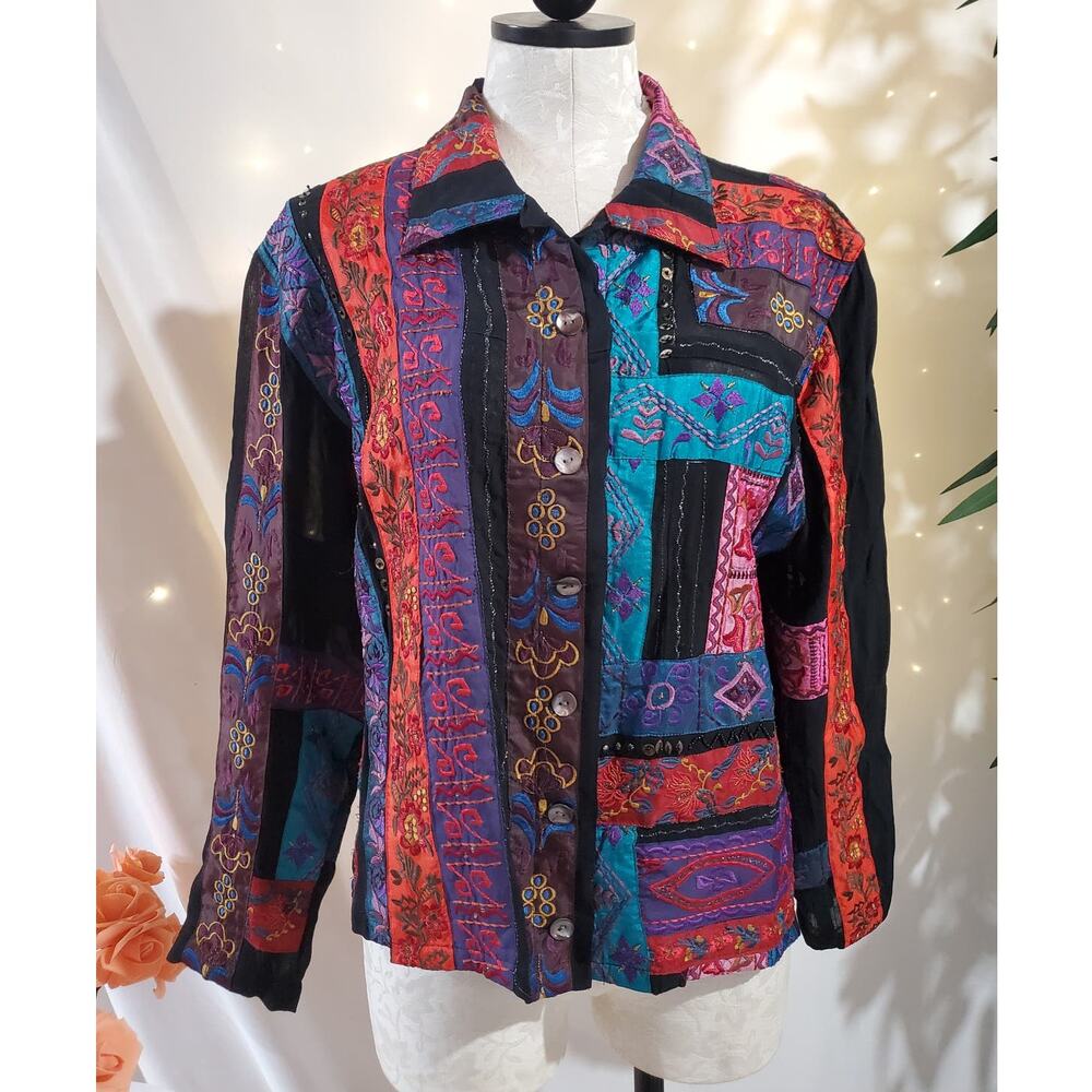 Chicos VTG Patchwork Embroidered Boho Art to Wear Jacket Womens 2 US L Rare